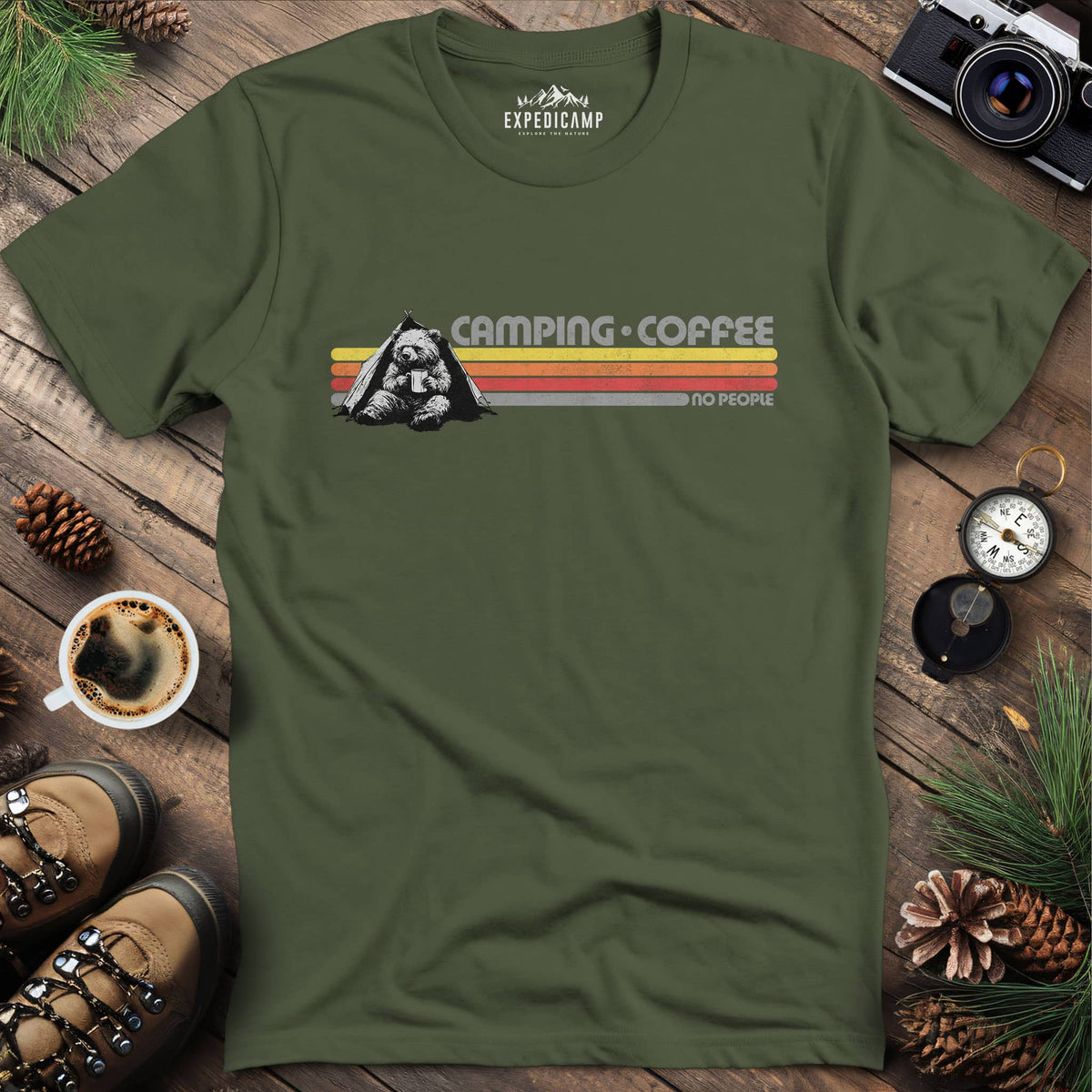 Camping Coffee No People Bear T-Shirt – Military Green – Outdoor apparel for travel, hiking, camping, and nature lovers – ExpediCamp