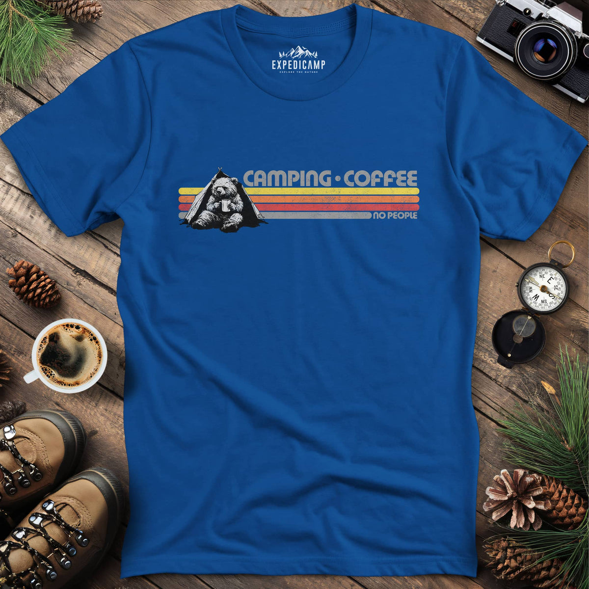 Camping Coffee No People Bear T-Shirt – Royal – Outdoor apparel for travel, hiking, camping, and nature lovers – ExpediCamp