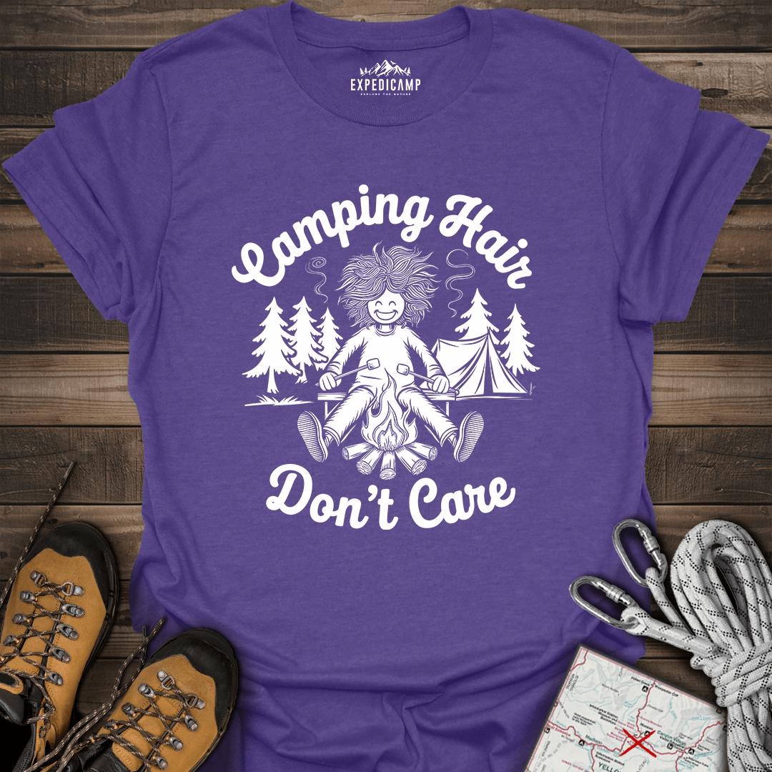 Camping Hair Don't Care T-Shirt – Heather Purple – Outdoor apparel for travel, hiking, camping, and nature lovers – ExpediCamp