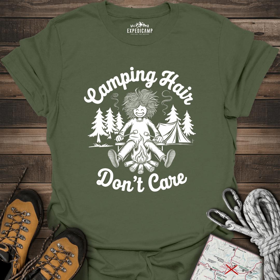 Camping Hair Don't Care T-Shirt – Military Green – Outdoor apparel for travel, hiking, camping, and nature lovers – ExpediCamp