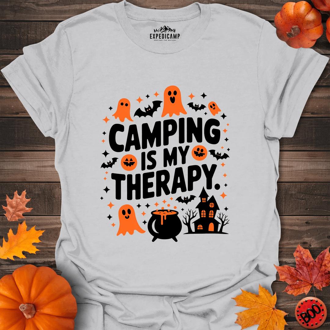 Camping Is My Therapy Halloween T-Shirt – Ice Grey – Outdoor apparel for travel, hiking, camping, and nature lovers – ExpediCamp