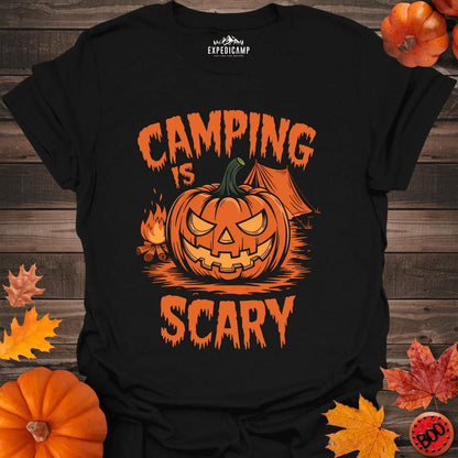 Camping Is Scary T-Shirt – Black – Outdoor apparel for travel, hiking, camping, and nature lovers – ExpediCamp