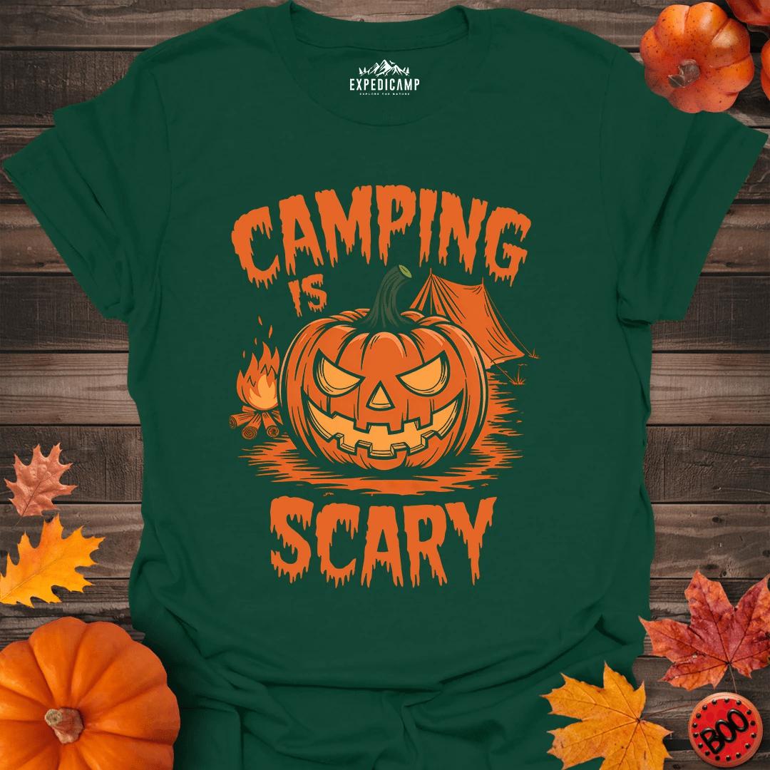 Camping Is Scary T-Shirt – Forest Green – Outdoor apparel for travel, hiking, camping, and nature lovers – ExpediCamp