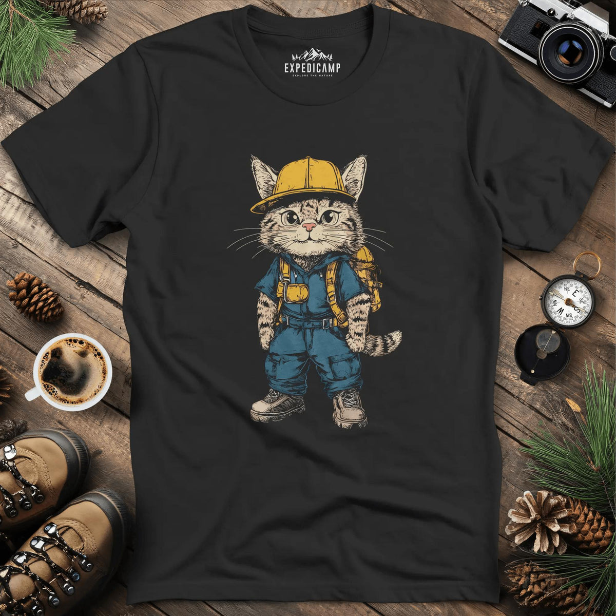 Cat Hiker T-Shirt – Curious Explorer – Black – Outdoor apparel for travel, hiking, camping, and nature lovers – ExpediCamp