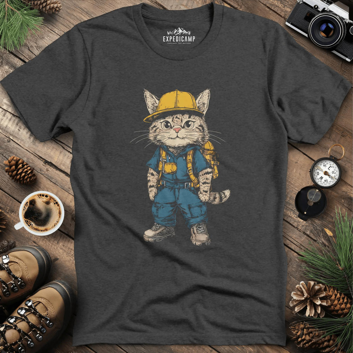 Cat Hiker T-Shirt – Curious Explorer – Dark Heather – Outdoor apparel for travel, hiking, camping, and nature lovers – ExpediCamp
