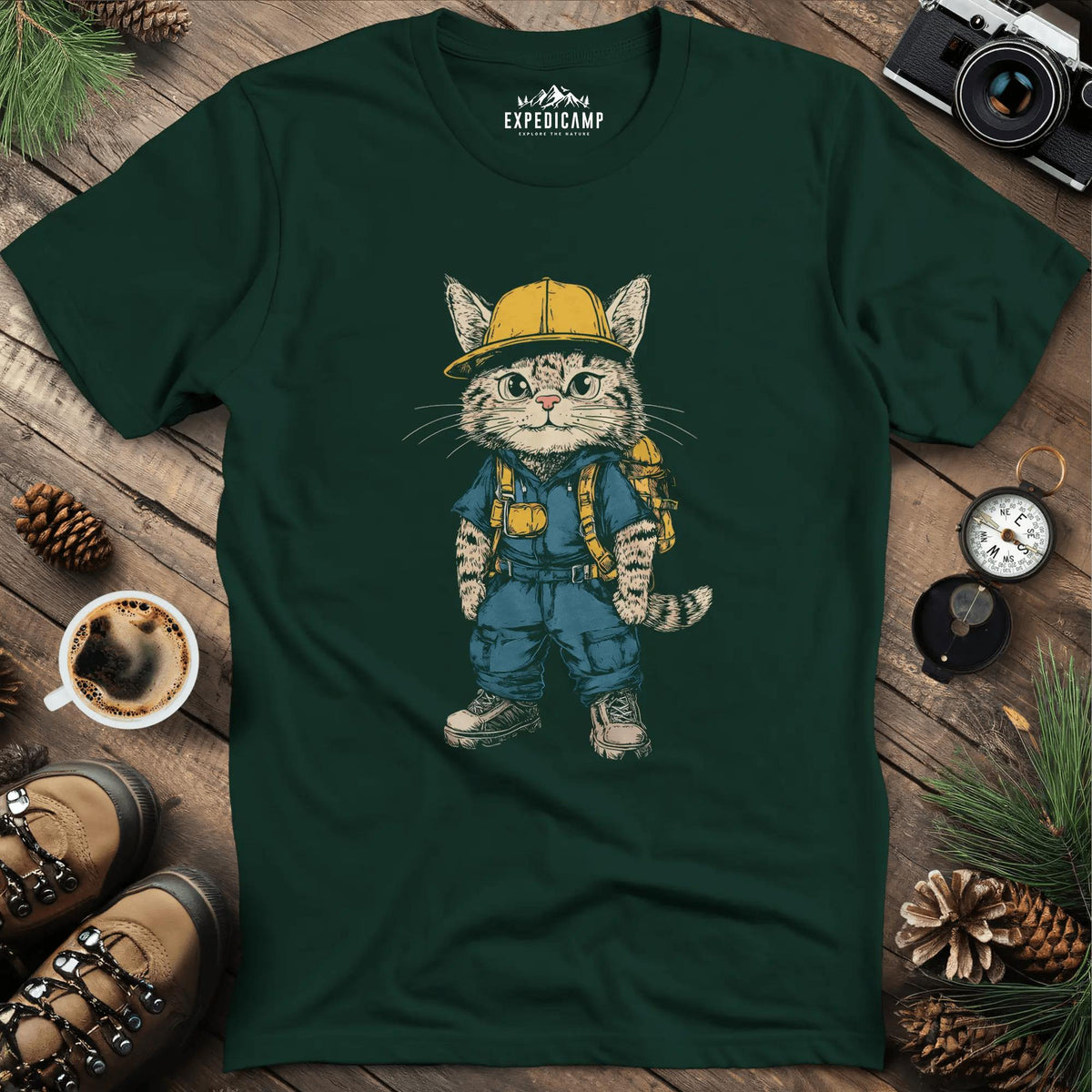 Cat Hiker T-Shirt – Curious Explorer – Forest Green – Outdoor apparel for travel, hiking, camping, and nature lovers – ExpediCamp
