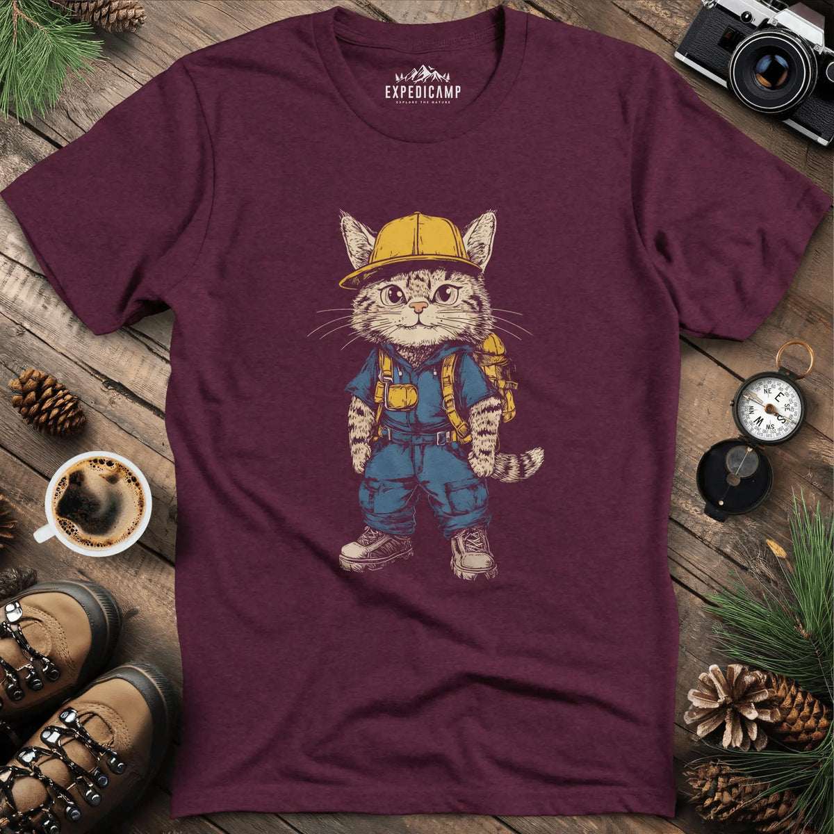 Cat Hiker T-Shirt – Curious Explorer – Heather Maroon – Outdoor apparel for travel, hiking, camping, and nature lovers – ExpediCamp