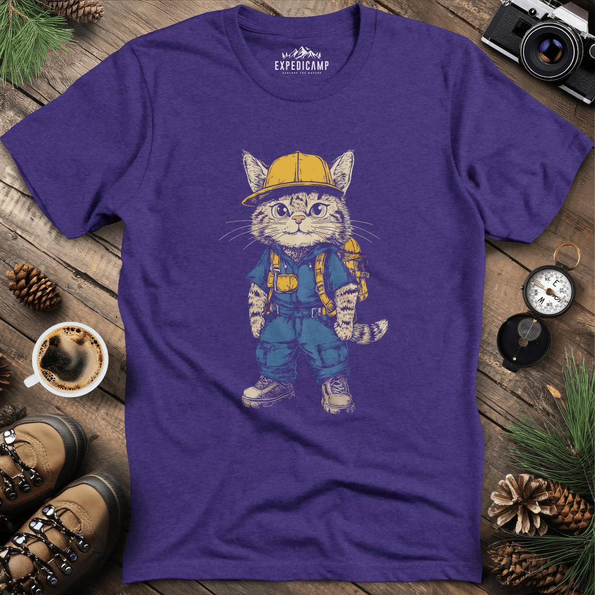 Cat Hiker T-Shirt – Curious Explorer – Heather Purple – Outdoor apparel for travel, hiking, camping, and nature lovers – ExpediCamp
