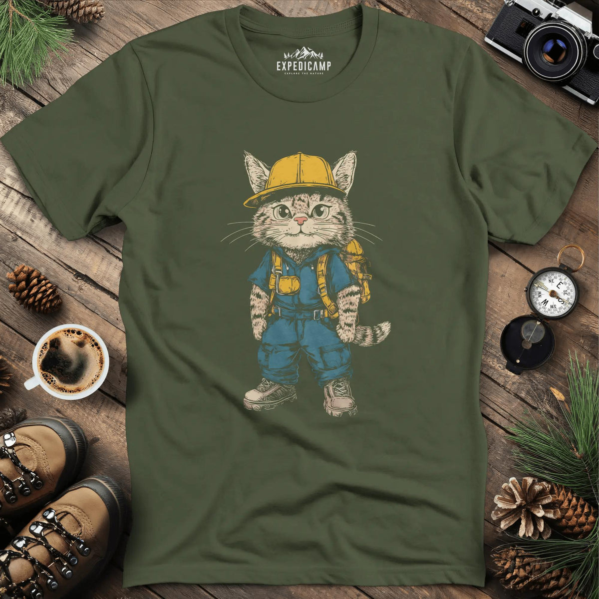 Cat Hiker T-Shirt – Curious Explorer – Military Green – Outdoor apparel for travel, hiking, camping, and nature lovers – ExpediCamp