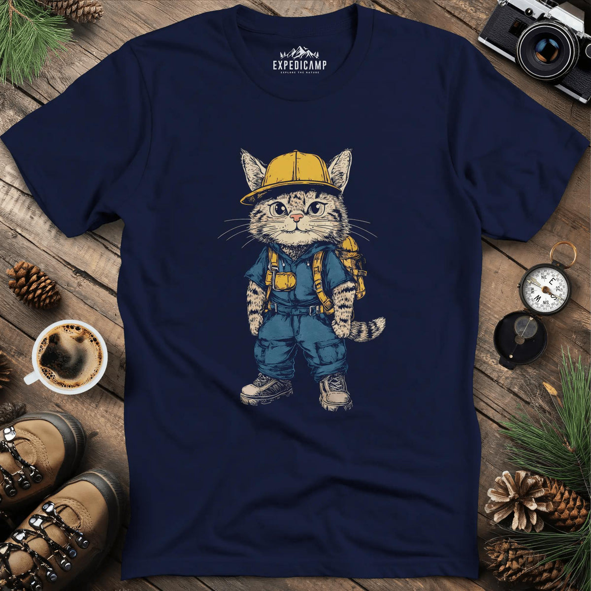 Cat Hiker T-Shirt – Curious Explorer – Navy – Outdoor apparel for travel, hiking, camping, and nature lovers – ExpediCamp