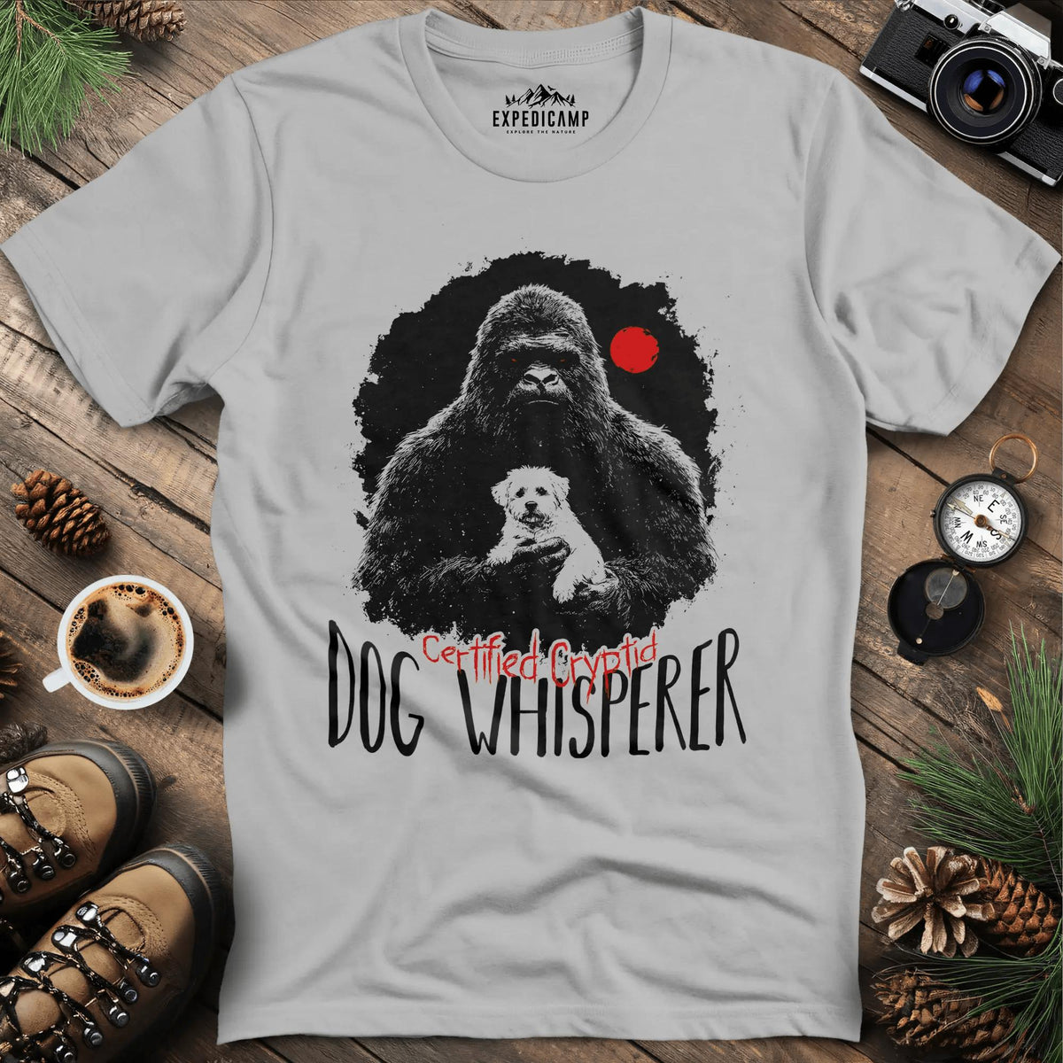Certified Cryptid Dog Whisperer Bigfoot T-Shirt – Ice Grey – Outdoor apparel for travel, hiking, camping, and nature lovers – ExpediCamp