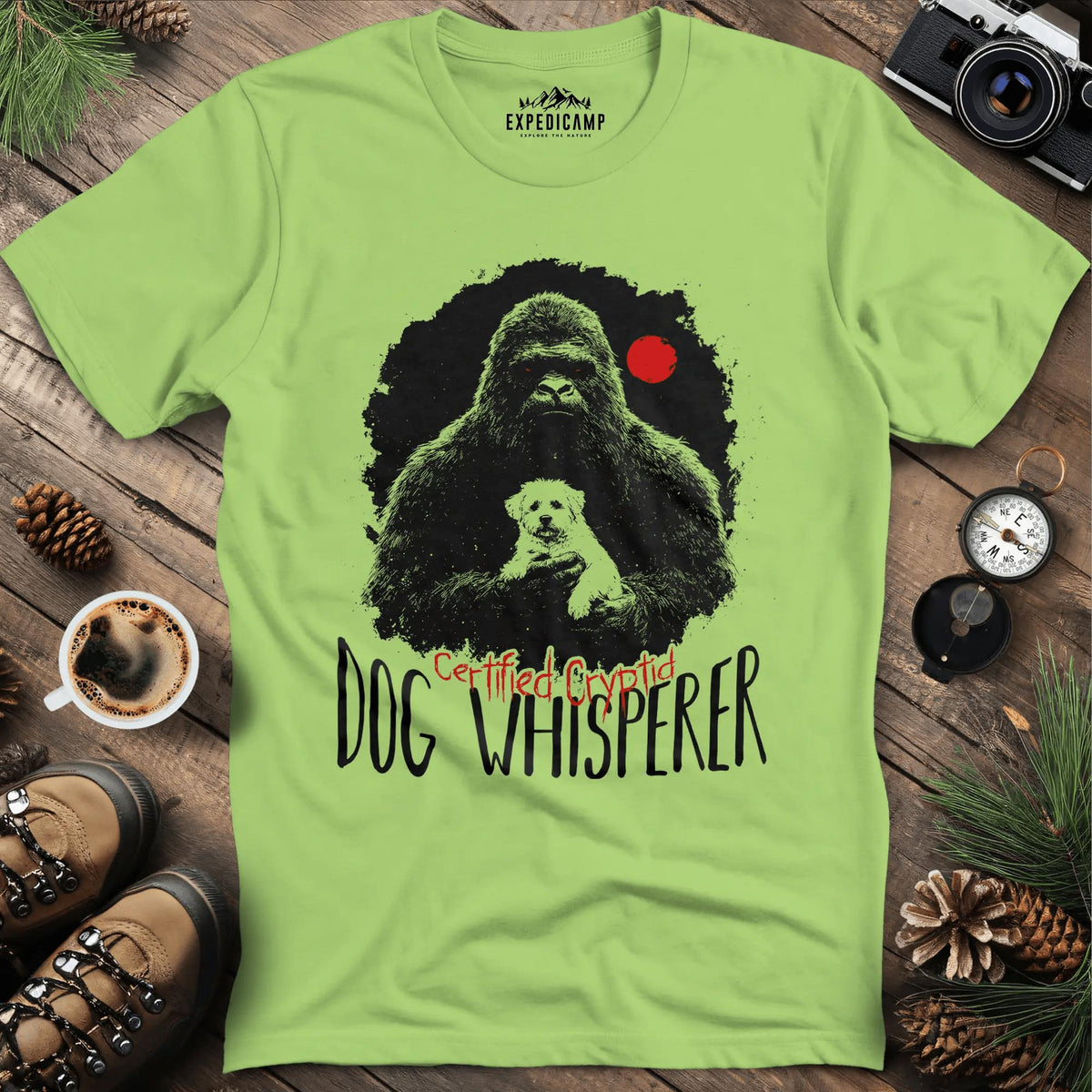 Certified Cryptid Dog Whisperer Bigfoot T-Shirt – Kiwi – Outdoor apparel for travel, hiking, camping, and nature lovers – ExpediCamp
