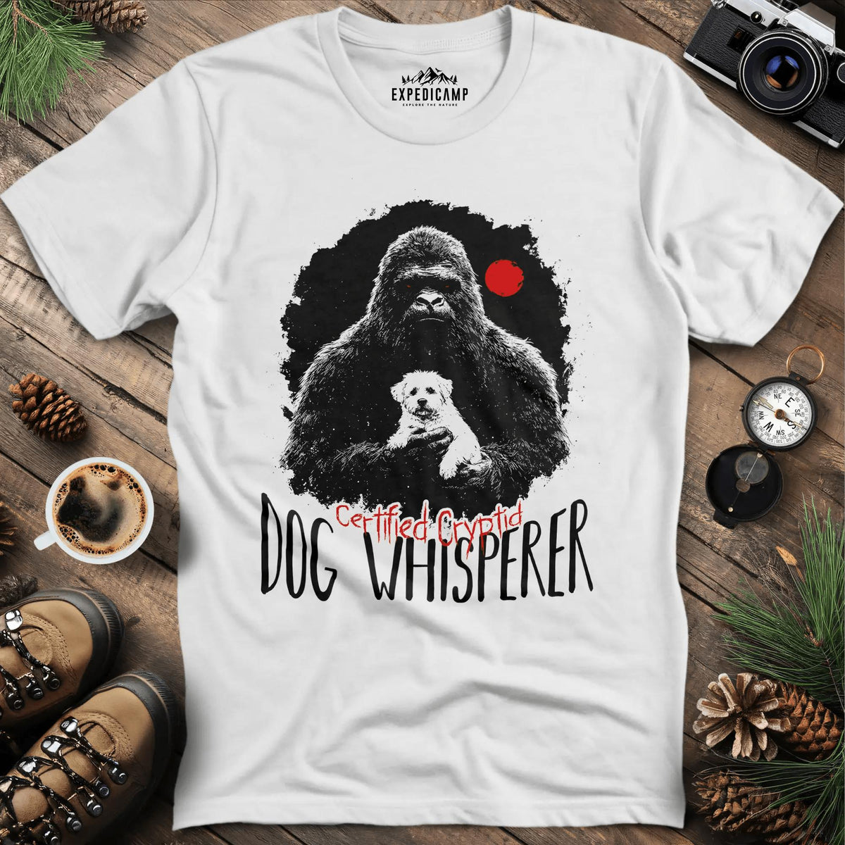 Certified Cryptid Dog Whisperer Bigfoot T-Shirt – White – Outdoor apparel for travel, hiking, camping, and nature lovers – ExpediCamp