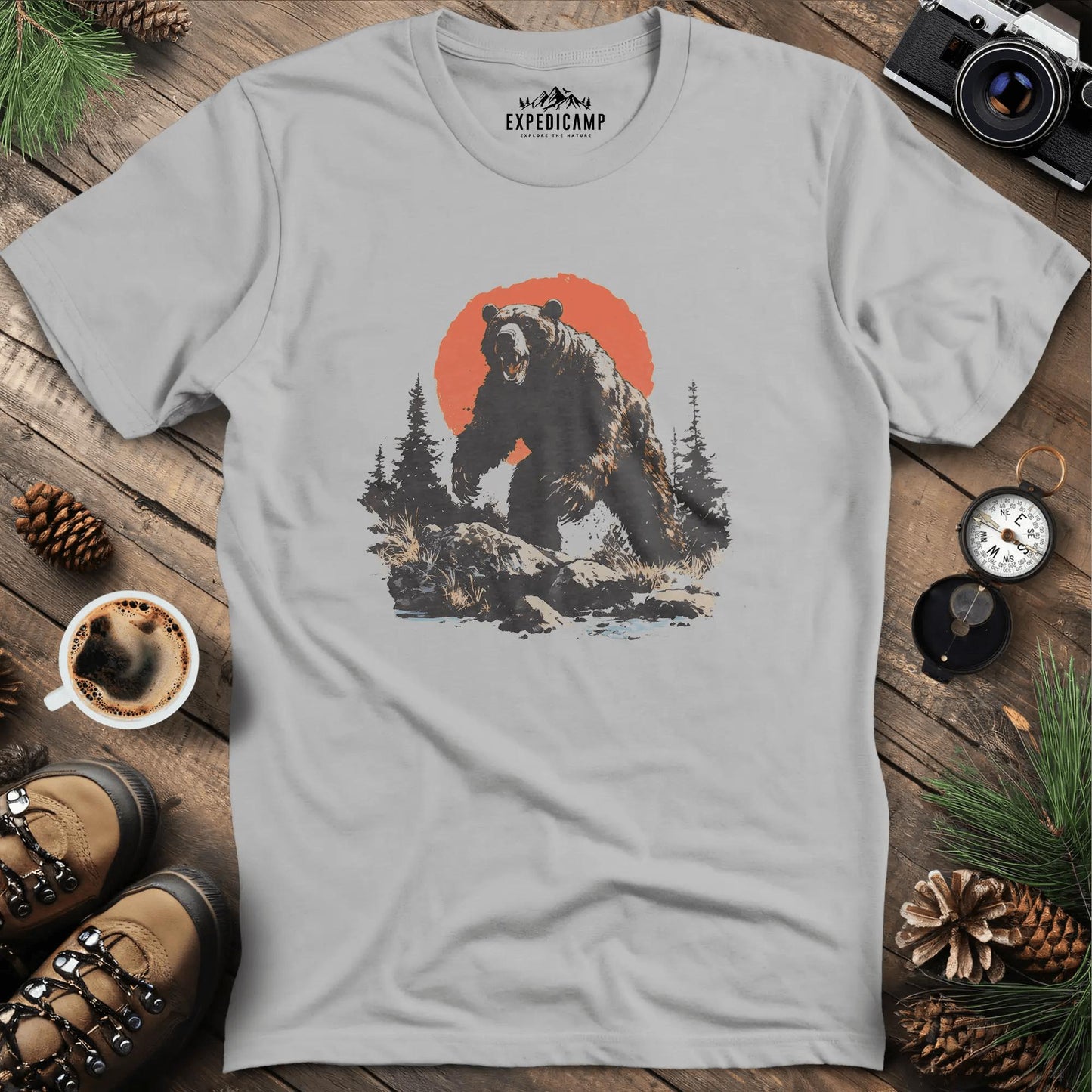 Charging Grizzly Bear T-Shirt – Epic Wilderness Bear Design – Ice Grey – Outdoor apparel for travel, hiking, camping, and nature lovers – ExpediCamp