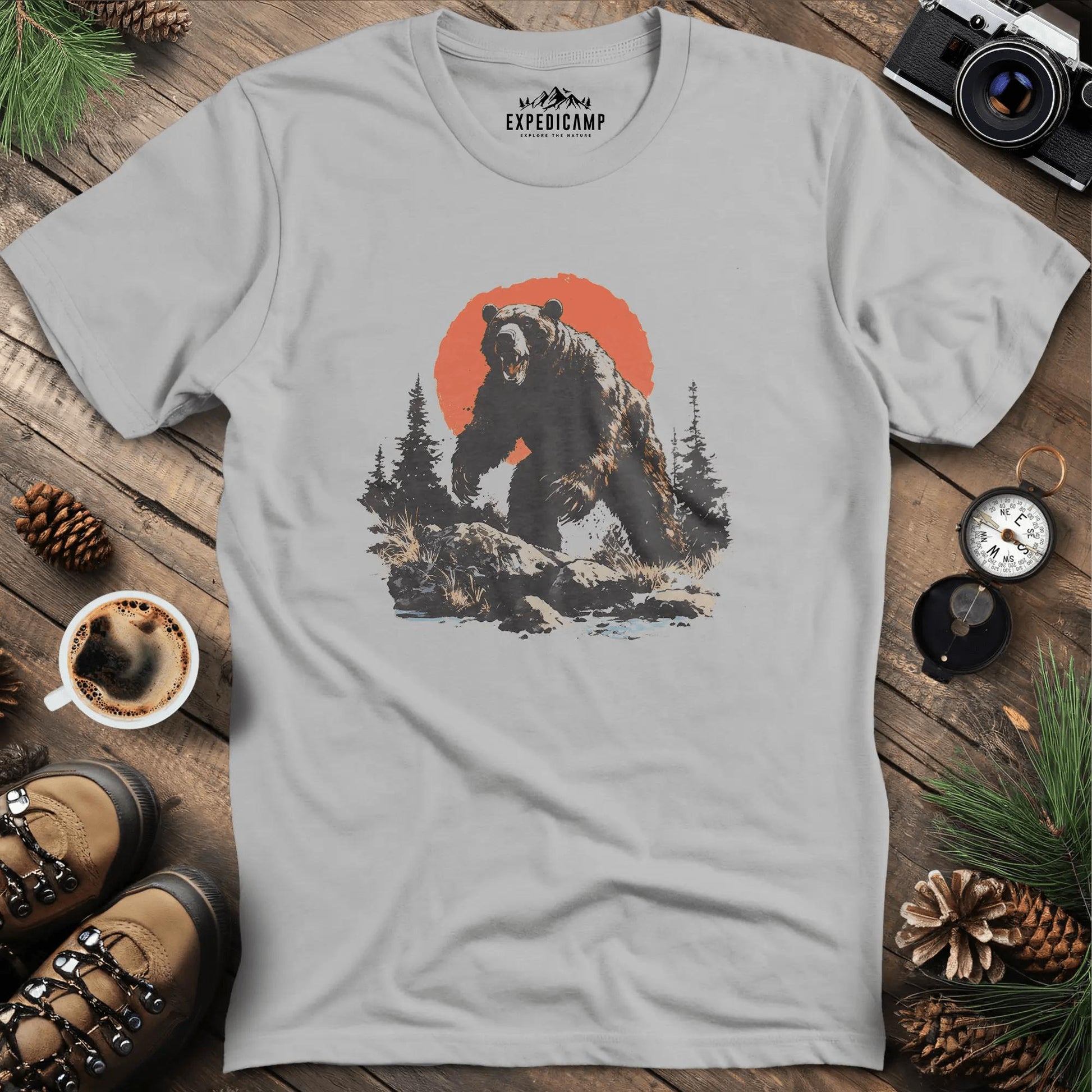 Charging Grizzly Bear T-Shirt – Epic Wilderness Bear Design – Ice Grey – Outdoor apparel for travel, hiking, camping, and nature lovers – ExpediCamp