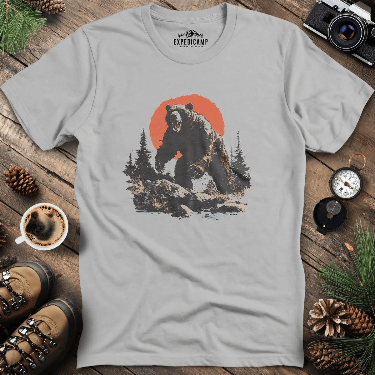 Charging Grizzly Bear T-Shirt – Epic Wilderness Bear Design – Ice Grey – Outdoor apparel for travel, hiking, camping, and nature lovers – ExpediCamp