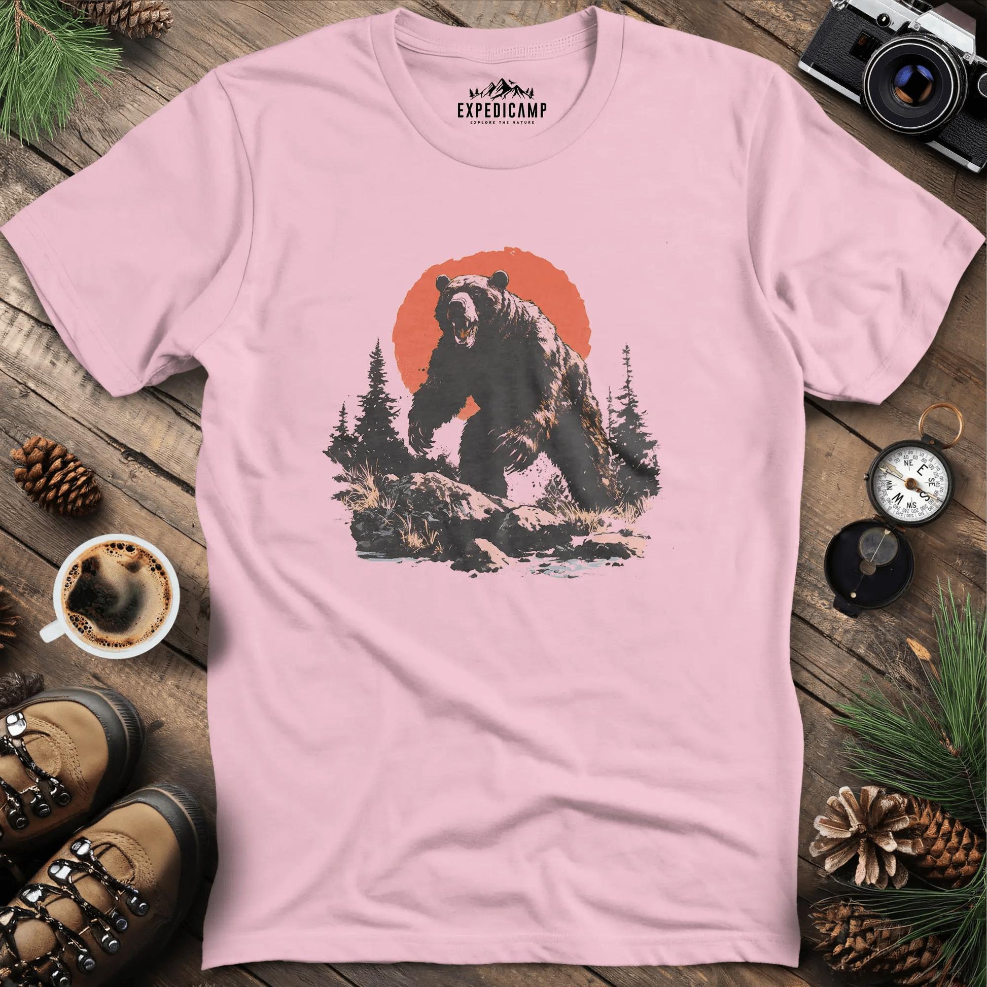 Charging Grizzly Bear T-Shirt – Epic Wilderness Bear Design – Light Pink – Outdoor apparel for travel, hiking, camping, and nature lovers – ExpediCamp