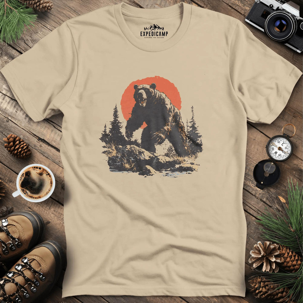Charging Grizzly Bear T-Shirt – Epic Wilderness Bear Design – Sand – Outdoor apparel for travel, hiking, camping, and nature lovers – ExpediCamp