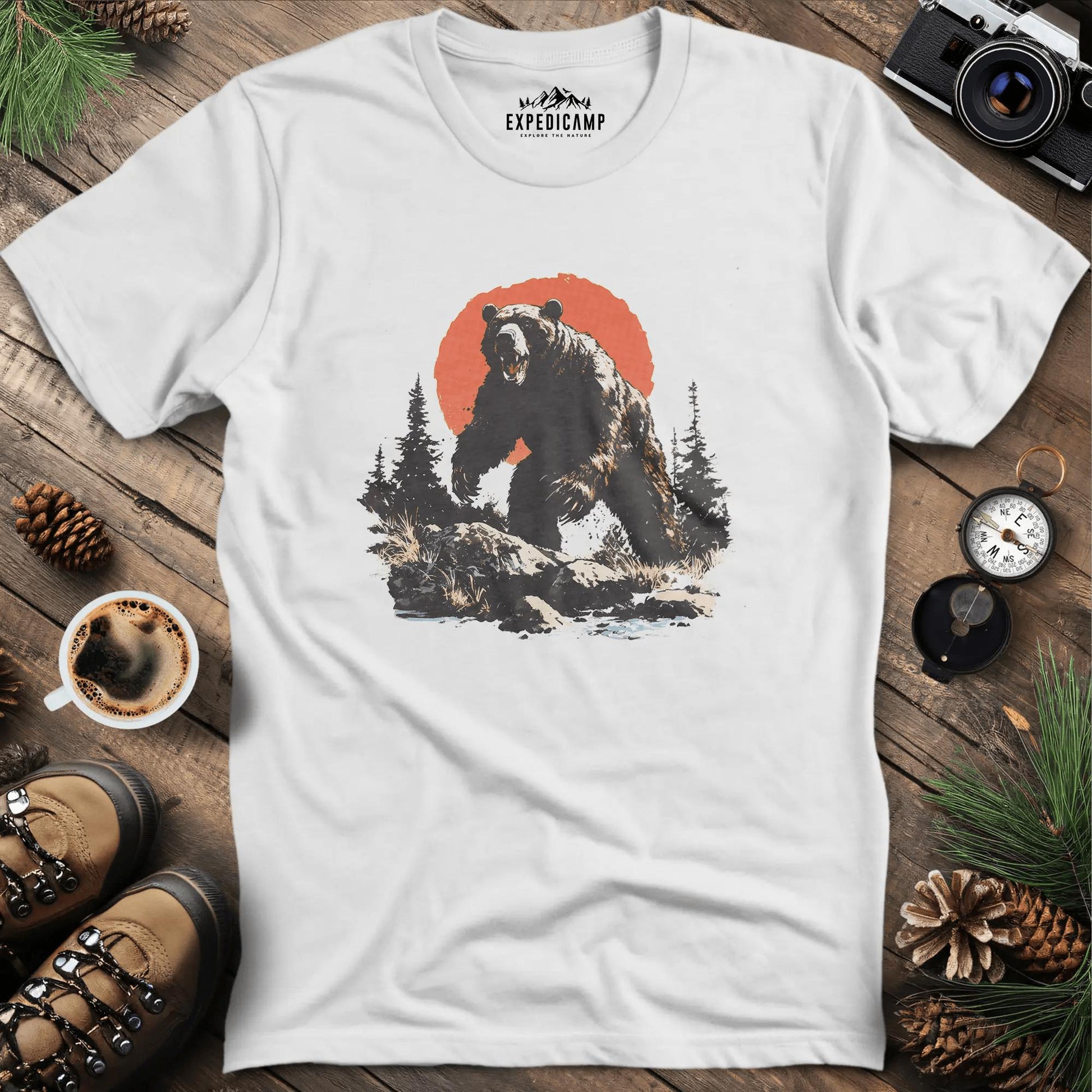 Charging Grizzly Bear T-Shirt – Epic Wilderness Bear Design – White – Outdoor apparel for travel, hiking, camping, and nature lovers – ExpediCamp