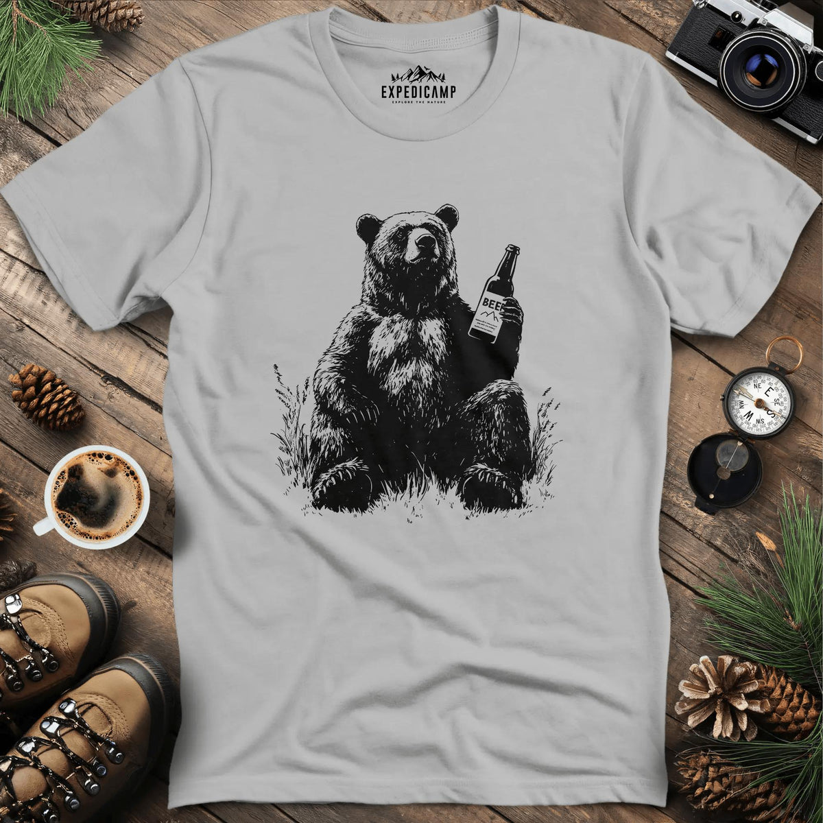 Chill Beer Bear T-Shirt – Ice Grey – Outdoor apparel for travel, hiking, camping, and nature lovers – ExpediCamp