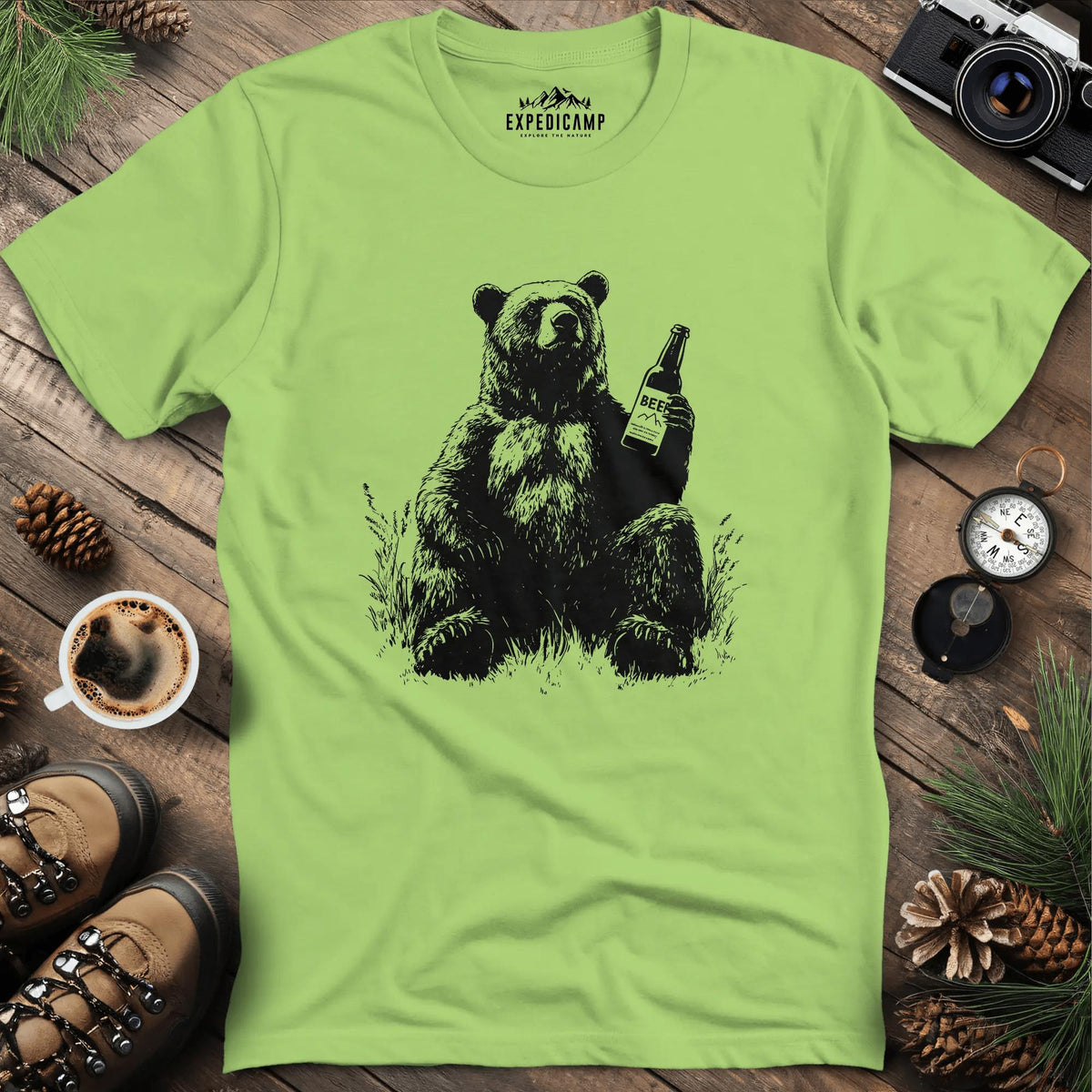 Chill Beer Bear T-Shirt – Kiwi – Outdoor apparel for travel, hiking, camping, and nature lovers – ExpediCamp