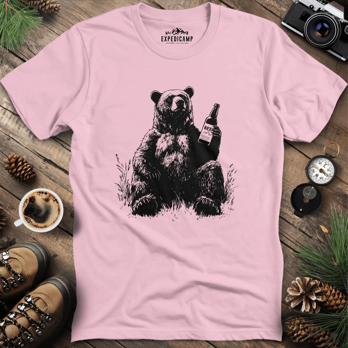 Chill Beer Bear T-Shirt – Light Pink – Outdoor apparel for travel, hiking, camping, and nature lovers – ExpediCamp