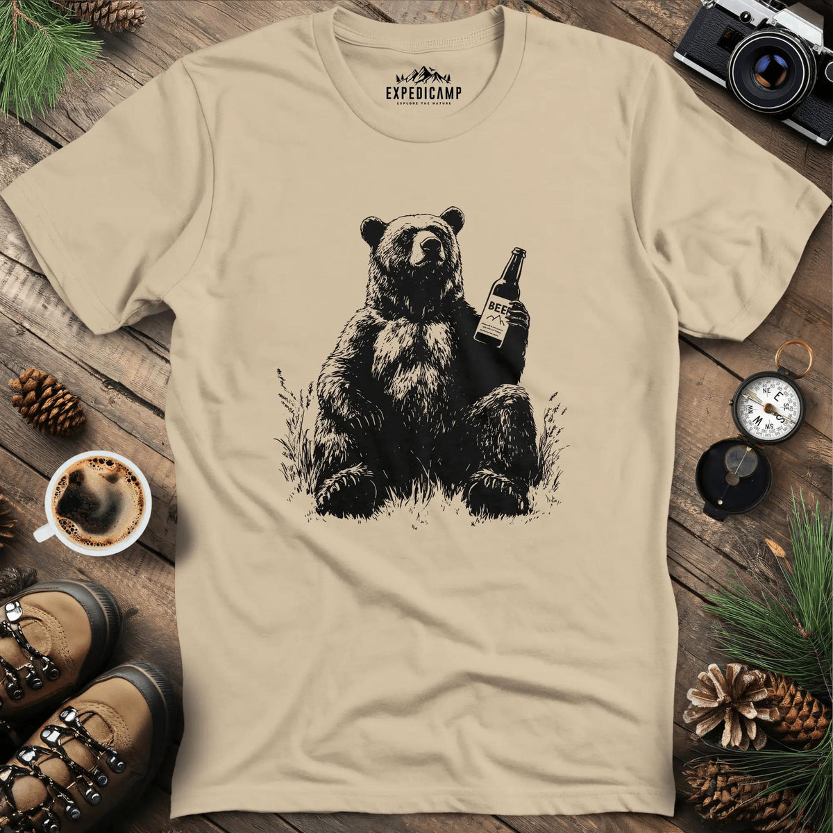 Chill Beer Bear T-Shirt – Sand – Outdoor apparel for travel, hiking, camping, and nature lovers – ExpediCamp