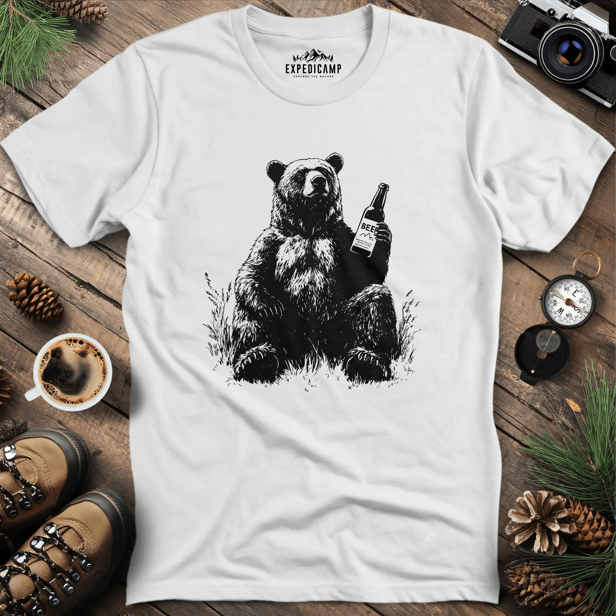 Chill Beer Bear T-Shirt – White – Outdoor apparel for travel, hiking, camping, and nature lovers – ExpediCamp