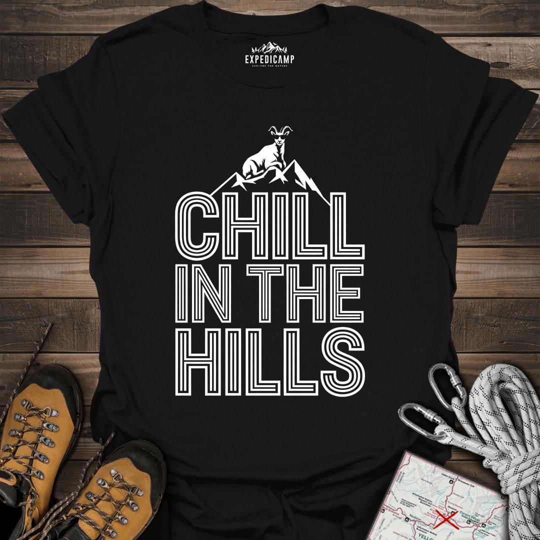 Chill In The Hills T-Shirt – Black – Outdoor apparel for travel, hiking, camping, and nature lovers – ExpediCamp
