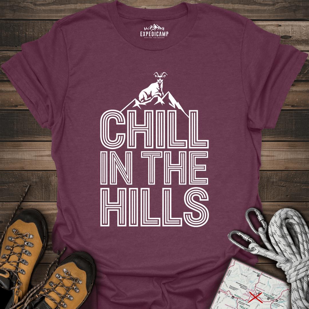 Chill In The Hills T-Shirt – Heather Maroon – Outdoor apparel for travel, hiking, camping, and nature lovers – ExpediCamp