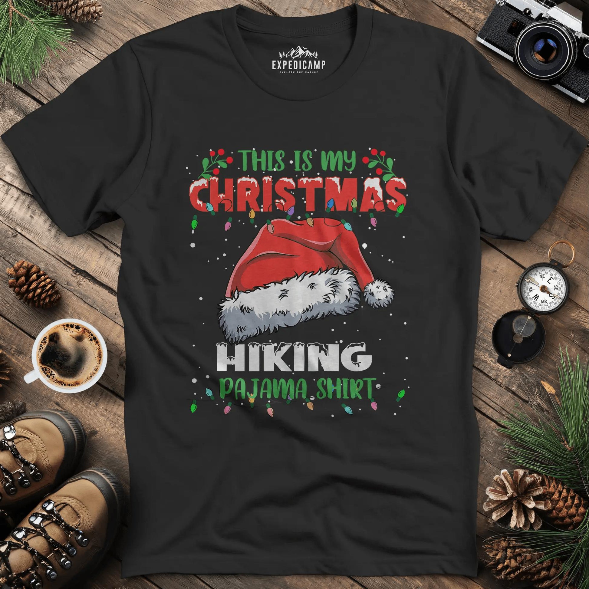 Christmas Hiking Pajama Shirt T-Shirt – Black – Outdoor apparel for travel, hiking, camping, and nature lovers – ExpediCamp