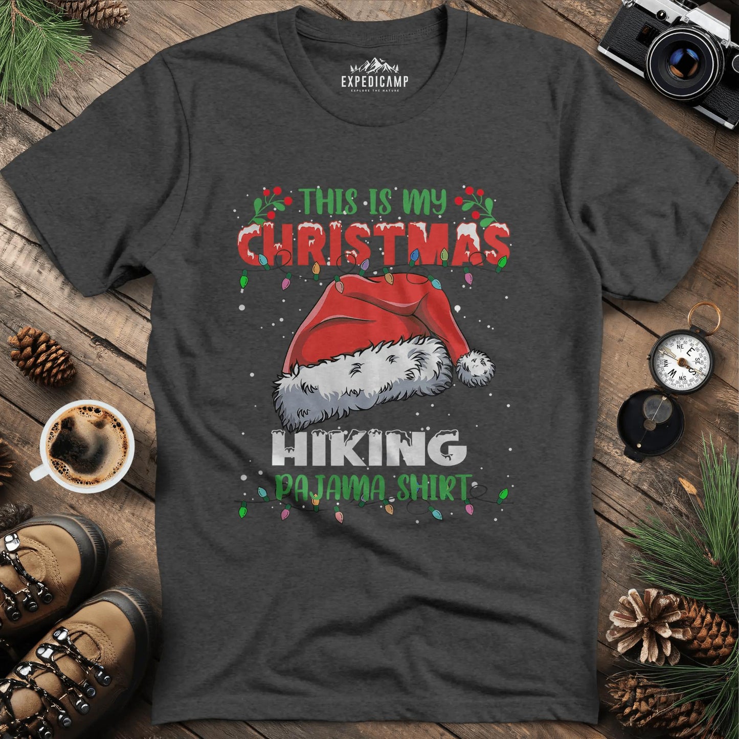 Christmas Hiking Pajama Shirt T-Shirt – Dark Heather – Outdoor apparel for travel, hiking, camping, and nature lovers – ExpediCamp