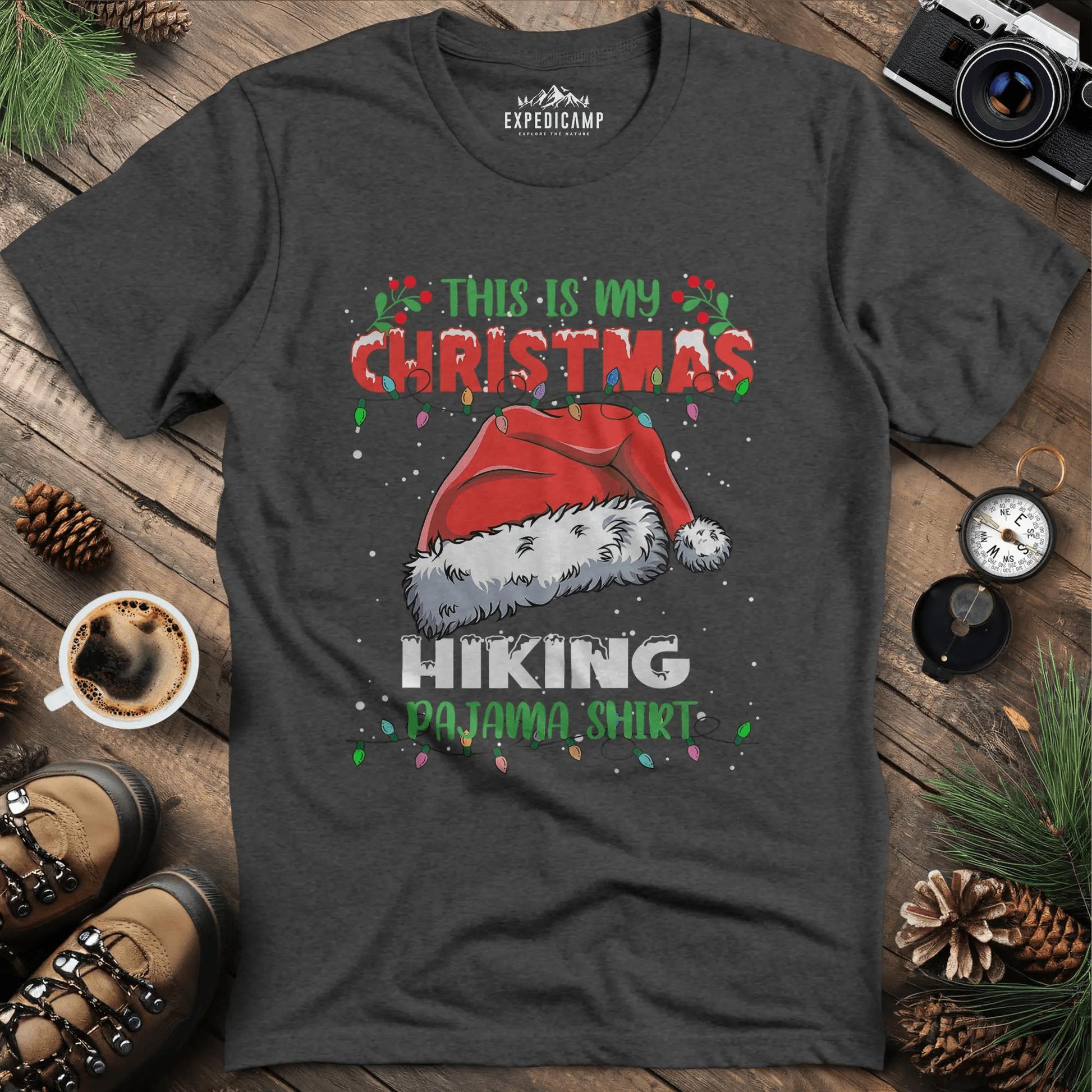 Christmas Hiking Pajama Shirt T-Shirt – Dark Heather – Outdoor apparel for travel, hiking, camping, and nature lovers – ExpediCamp