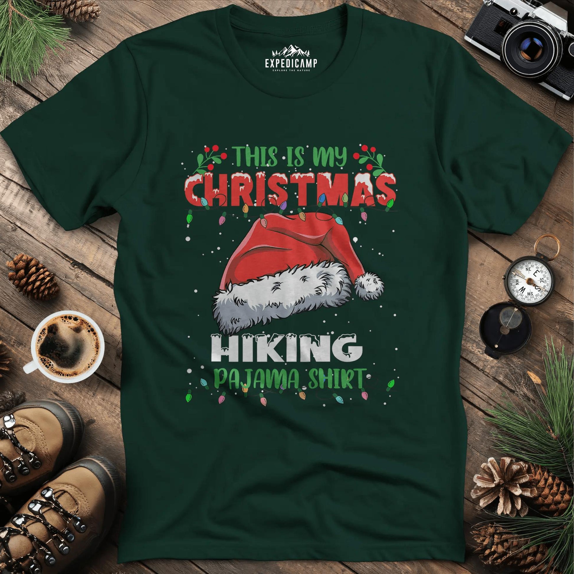 Christmas Hiking Pajama Shirt T-Shirt – Forest Green – Outdoor apparel for travel, hiking, camping, and nature lovers – ExpediCamp