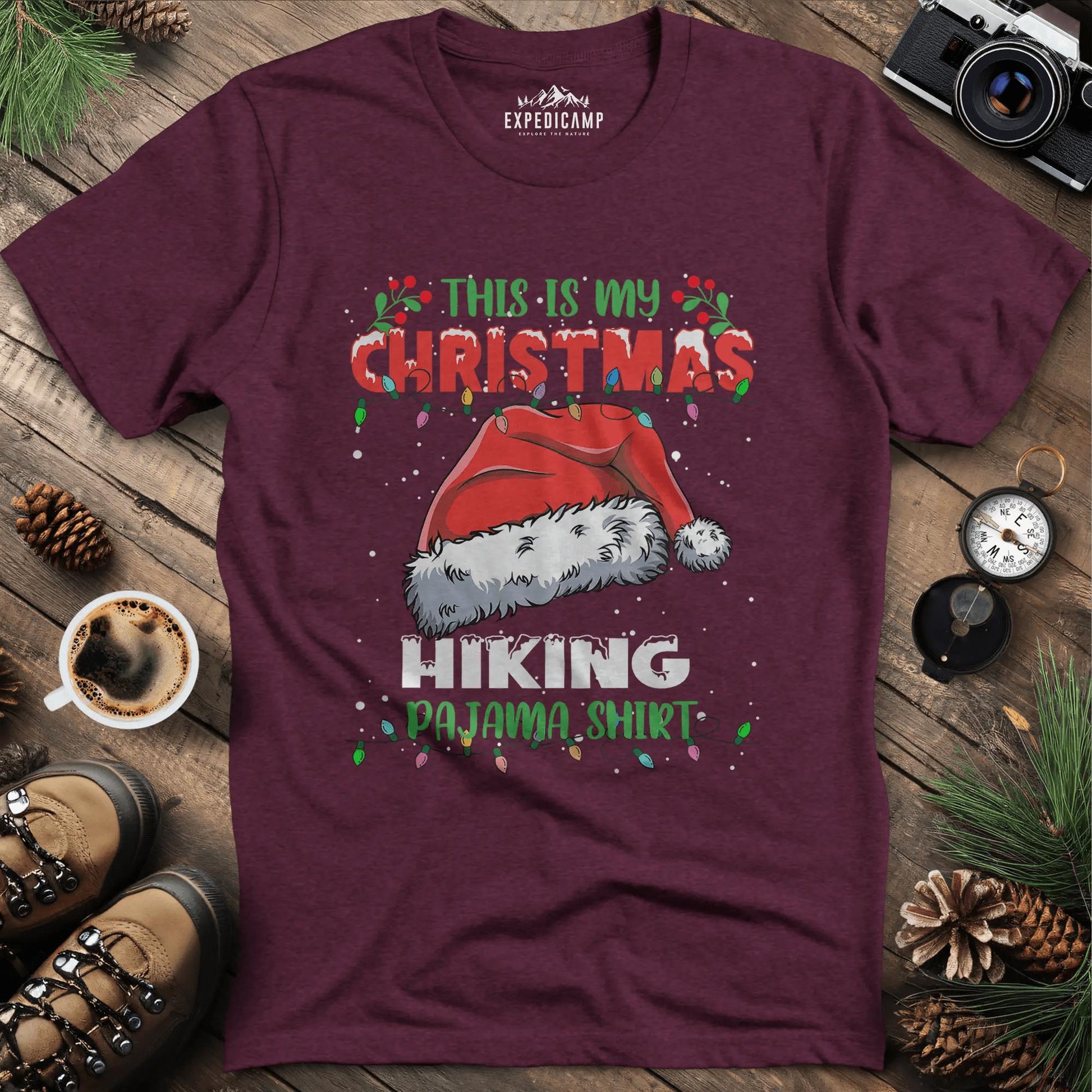 Christmas Hiking Pajama Shirt T-Shirt – Heather Maroon – Outdoor apparel for travel, hiking, camping, and nature lovers – ExpediCamp