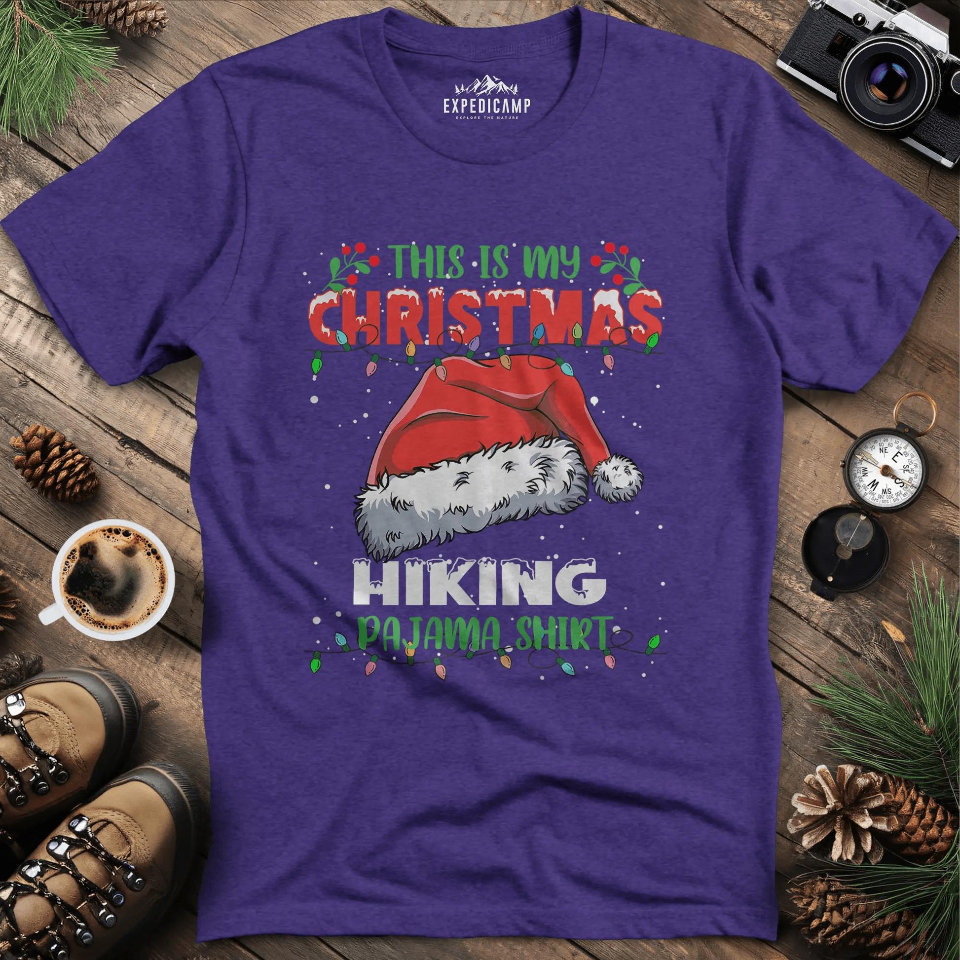 Christmas Hiking Pajama Shirt T-Shirt – Heather Purple – Outdoor apparel for travel, hiking, camping, and nature lovers – ExpediCamp