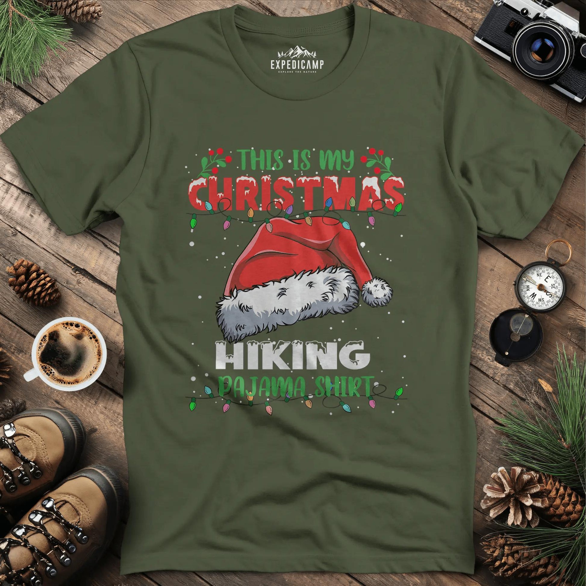 Christmas Hiking Pajama Shirt T-Shirt – Military Green – Outdoor apparel for travel, hiking, camping, and nature lovers – ExpediCamp