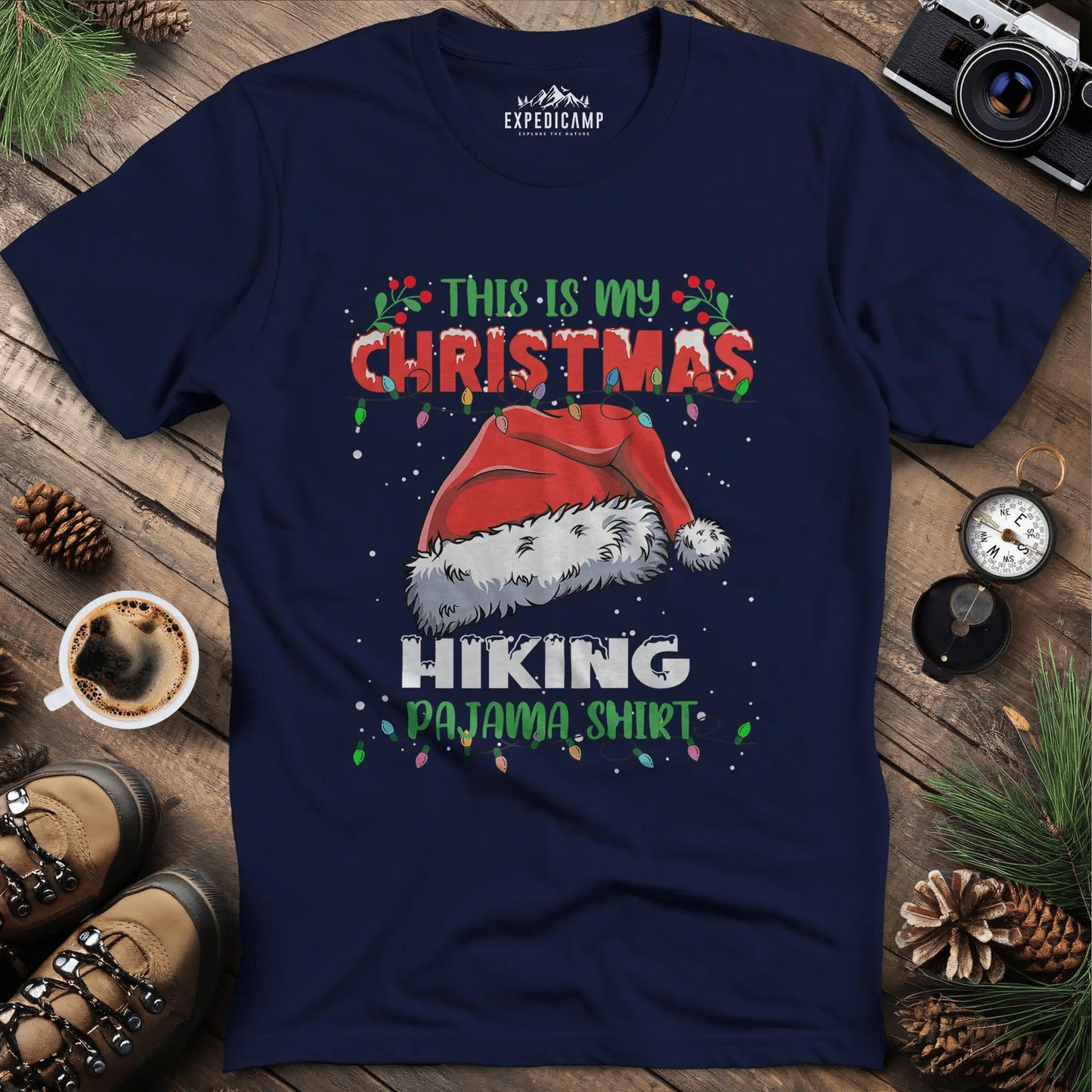Christmas Hiking Pajama Shirt T-Shirt – Navy – Outdoor apparel for travel, hiking, camping, and nature lovers – ExpediCamp