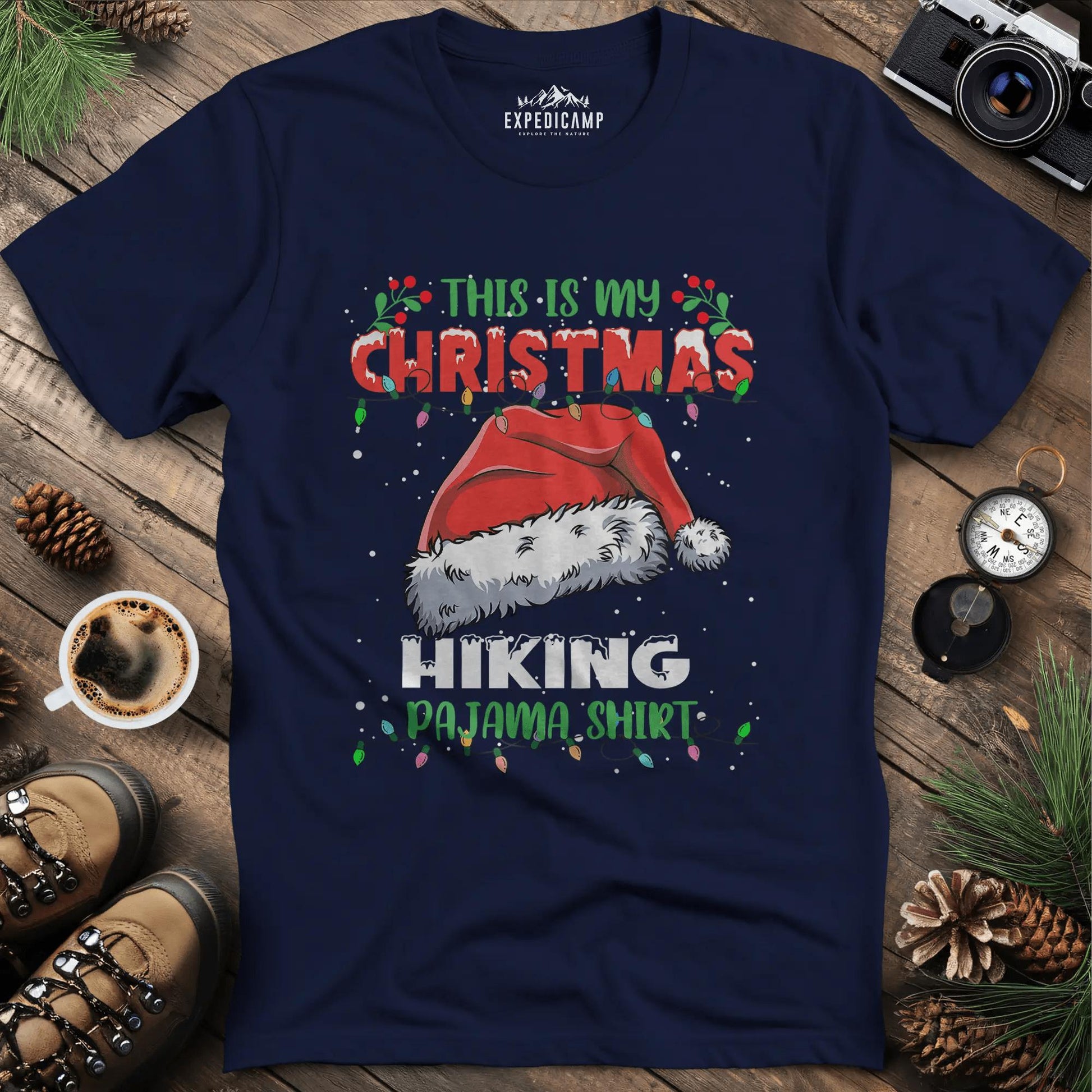 Christmas Hiking Pajama Shirt T-Shirt – Navy – Outdoor apparel for travel, hiking, camping, and nature lovers – ExpediCamp