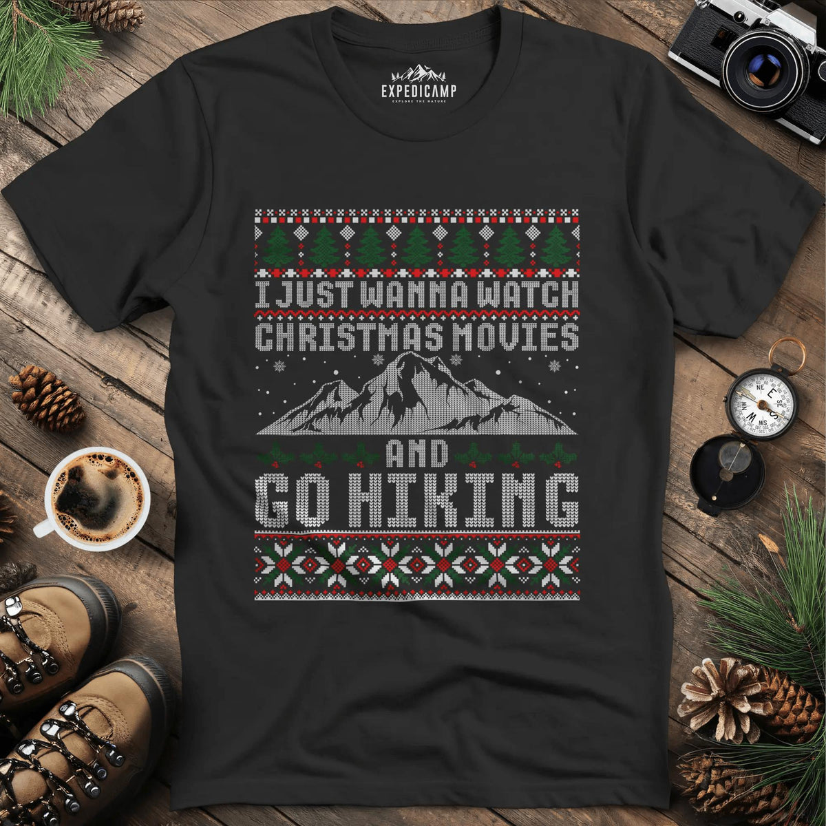 Christmas Movies and Hiking T-Shirt – Black – Outdoor apparel for travel, hiking, camping, and nature lovers – ExpediCamp