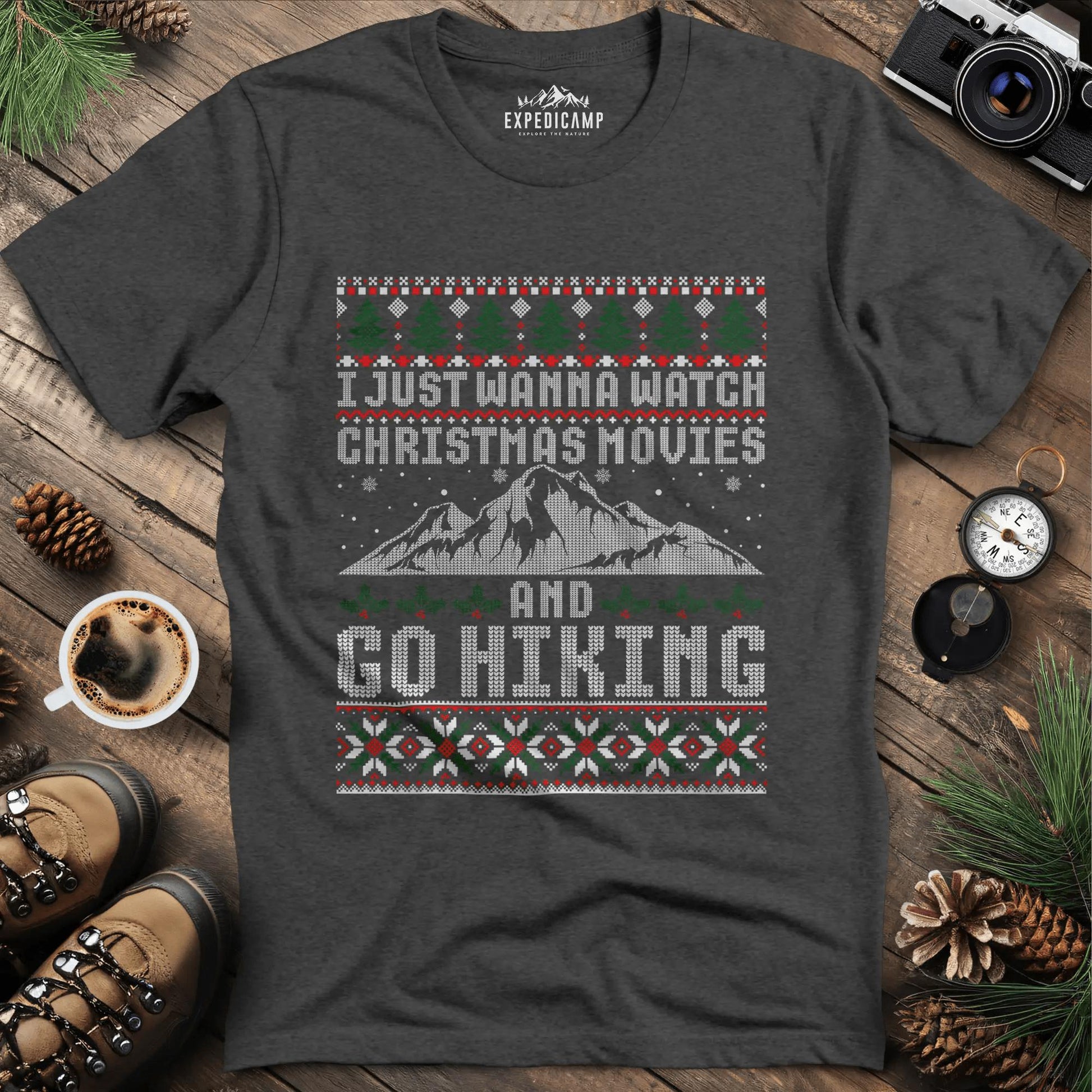Christmas Movies and Hiking T-Shirt – Dark Heather – Outdoor apparel for travel, hiking, camping, and nature lovers – ExpediCamp
