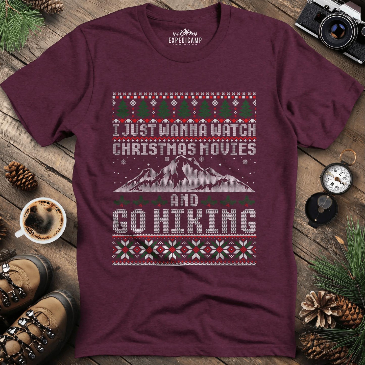 Christmas Movies and Hiking T-Shirt – Heather Maroon – Outdoor apparel for travel, hiking, camping, and nature lovers – ExpediCamp