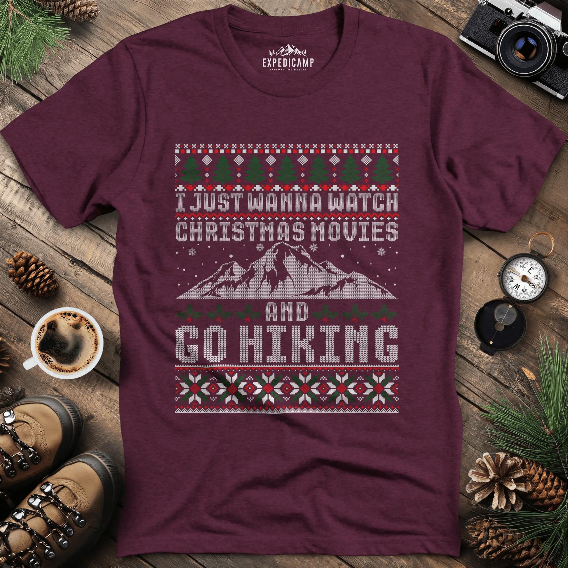 Christmas Movies and Hiking T-Shirt – Heather Maroon – Outdoor apparel for travel, hiking, camping, and nature lovers – ExpediCamp