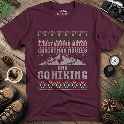Christmas Movies and Hiking T-Shirt – Heather Maroon – Outdoor apparel for travel, hiking, camping, and nature lovers – ExpediCamp