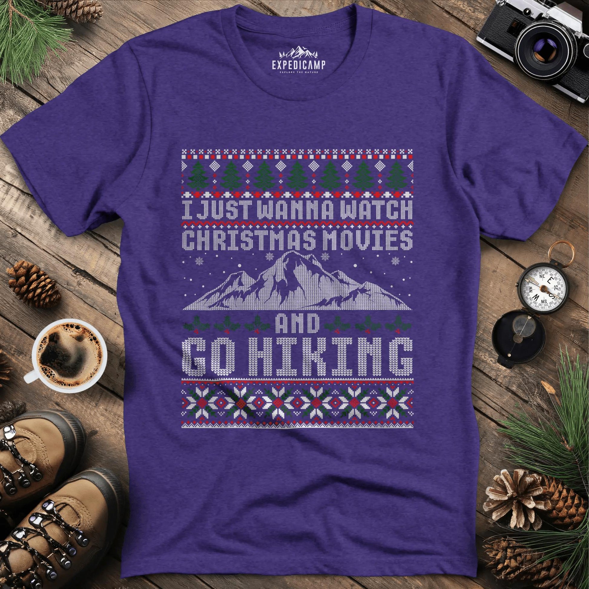 Christmas Movies and Hiking T-Shirt – Heather Purple – Outdoor apparel for travel, hiking, camping, and nature lovers – ExpediCamp