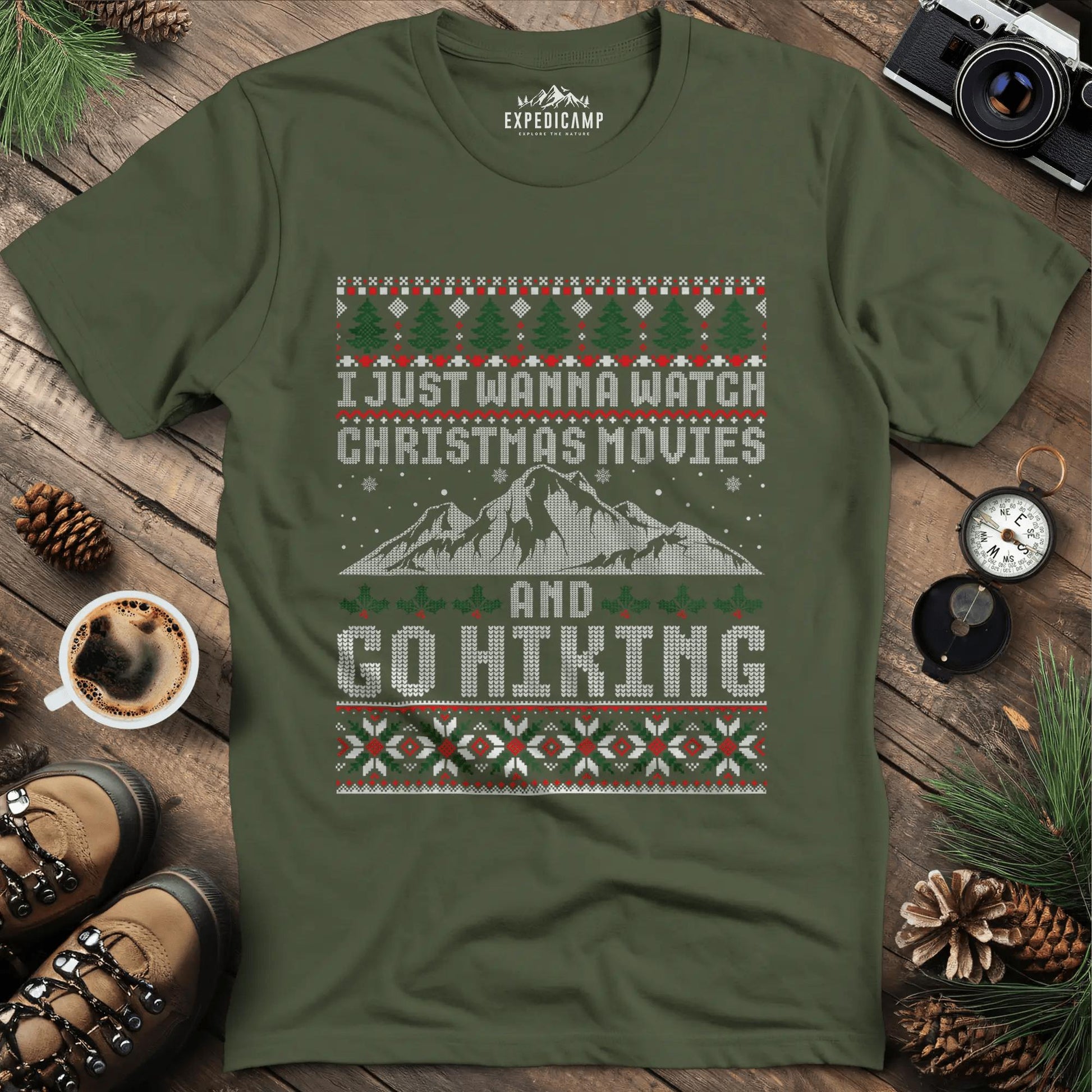 Christmas Movies and Hiking T-Shirt – Military Green – Outdoor apparel for travel, hiking, camping, and nature lovers – ExpediCamp