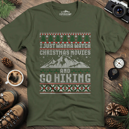 Christmas Movies and Hiking T-Shirt – Military Green – Outdoor apparel for travel, hiking, camping, and nature lovers – ExpediCamp