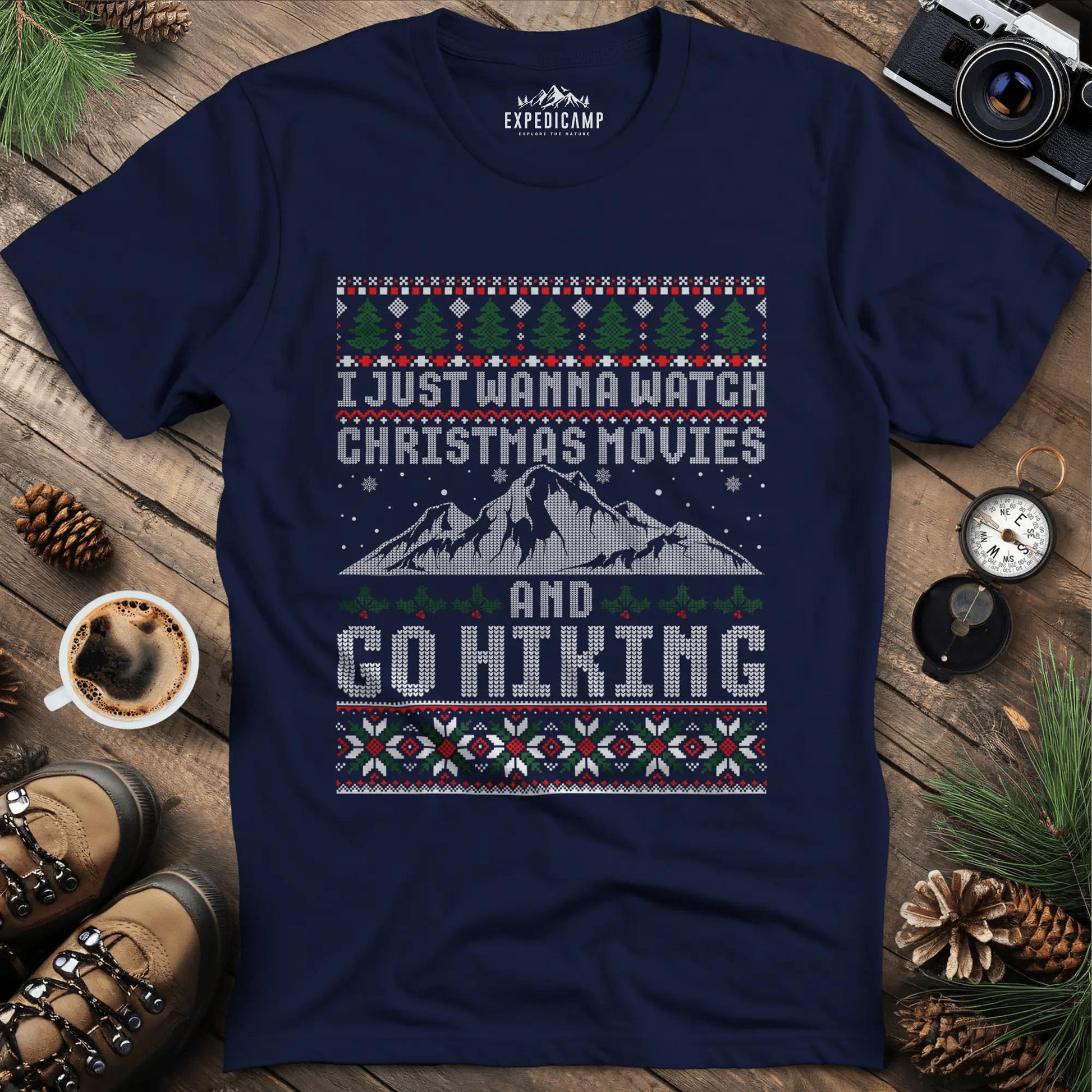 Christmas Movies and Hiking T-Shirt – Navy – Outdoor apparel for travel, hiking, camping, and nature lovers – ExpediCamp