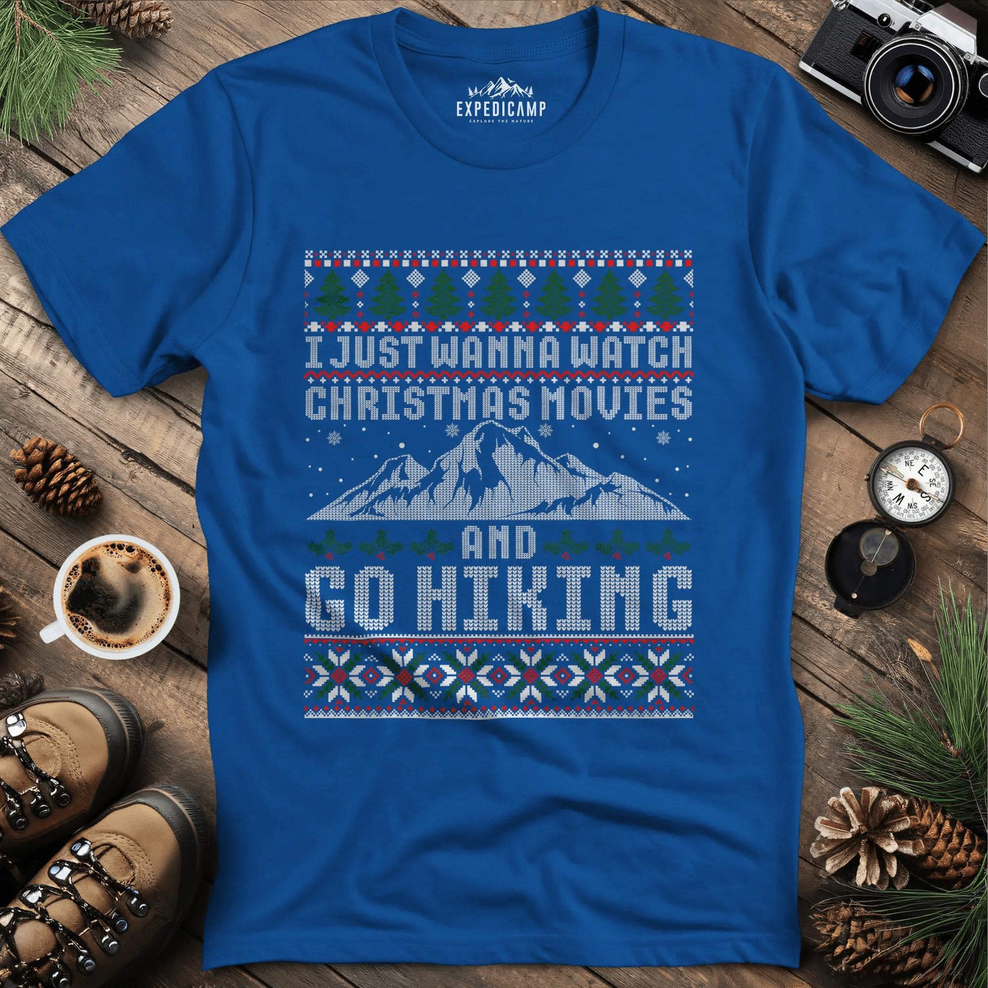 Christmas Movies and Hiking T-Shirt – Royal – Outdoor apparel for travel, hiking, camping, and nature lovers – ExpediCamp