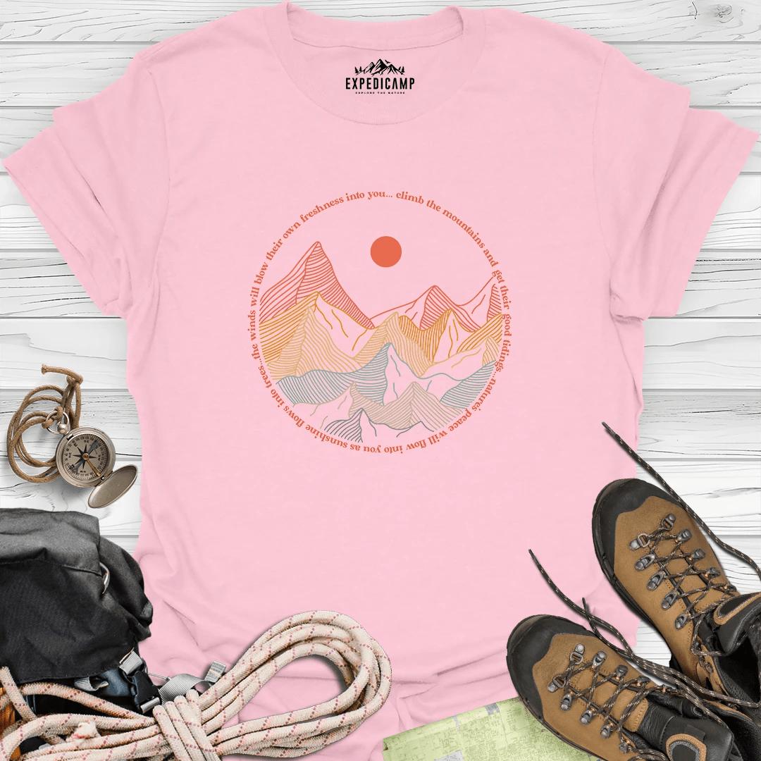 Climb The Mountains T-Shirt – Light Pink – Outdoor apparel for travel, hiking, camping, and nature lovers – ExpediCamp